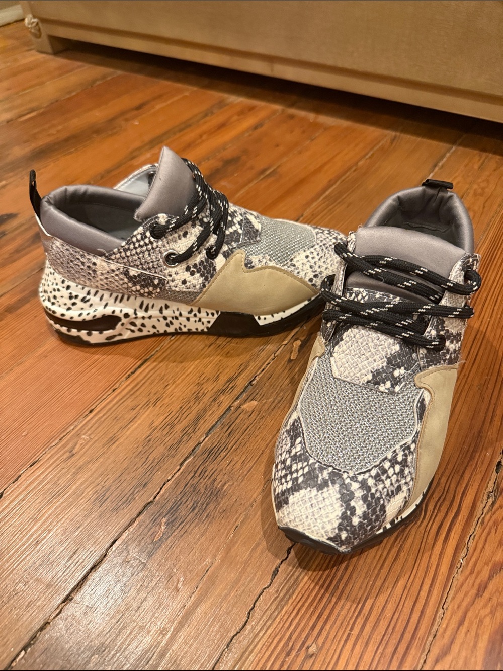 Steve Madden Mixed-Media Snake-Print Sneakers in Gray and Beige